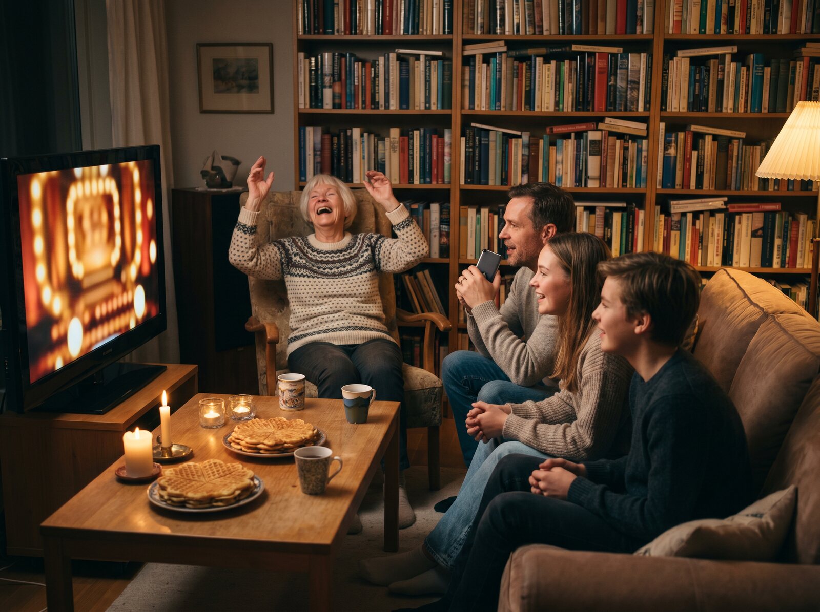Tre generasjoner samlet i stua rundt musikkbingo på TV-en
