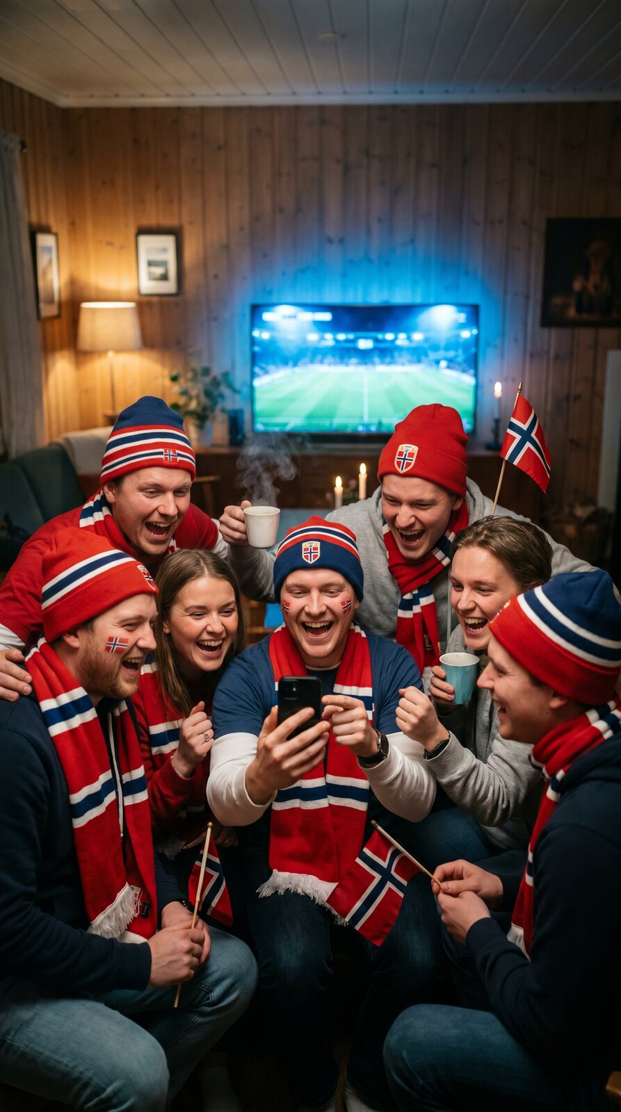 Gjengen samlet rundt telefonen i norske farger